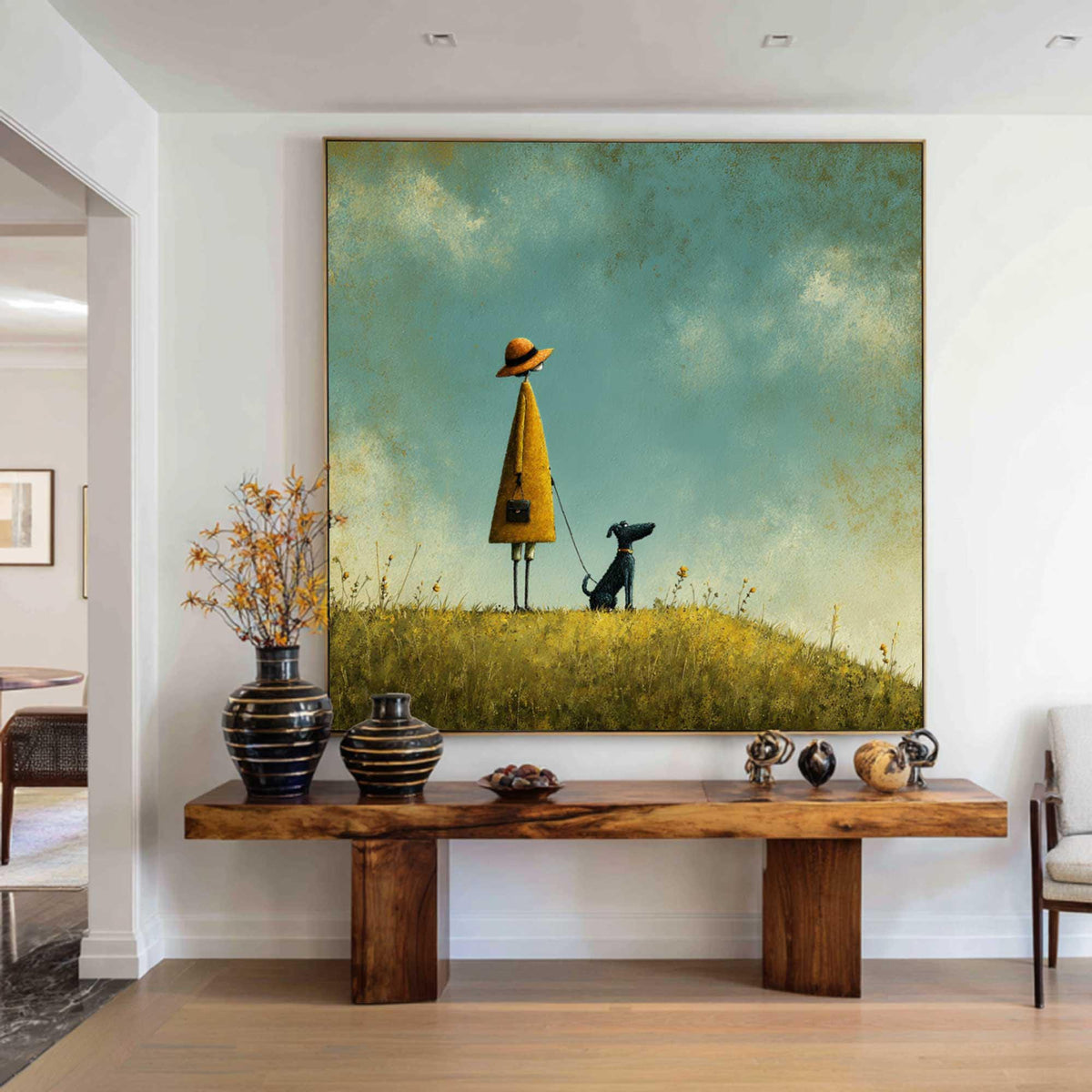 Girl and Dog Oil Painting, Whimsical Landscape Art, Turquoise Sky