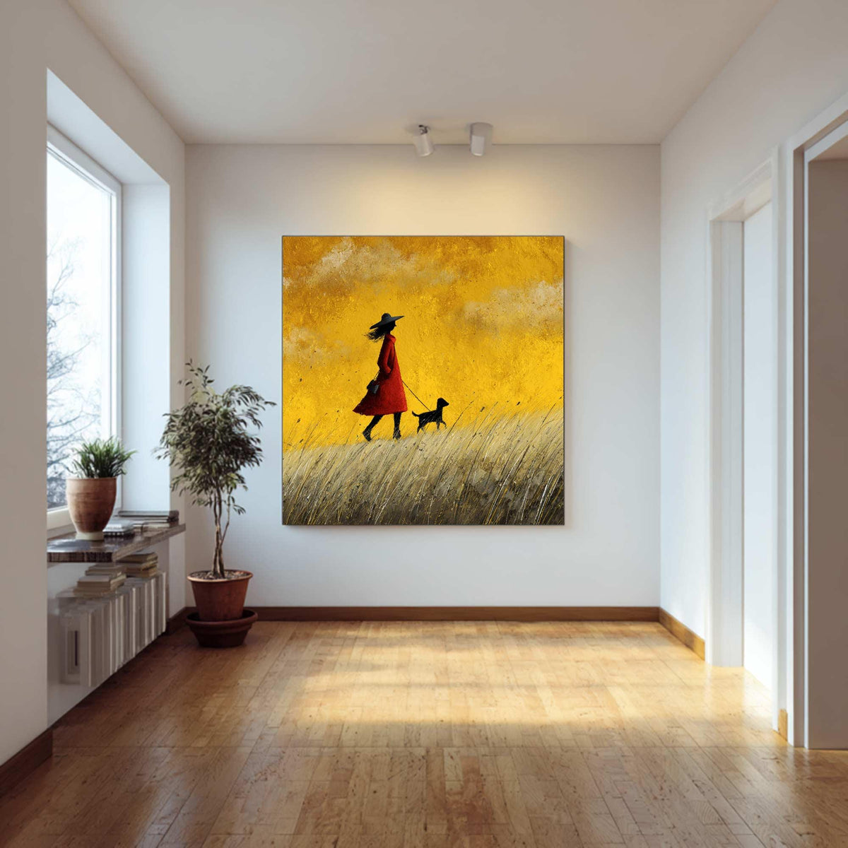 Girl and Dog Oil Painting, Teal Sky Meadow Landscape, Impressionist Art