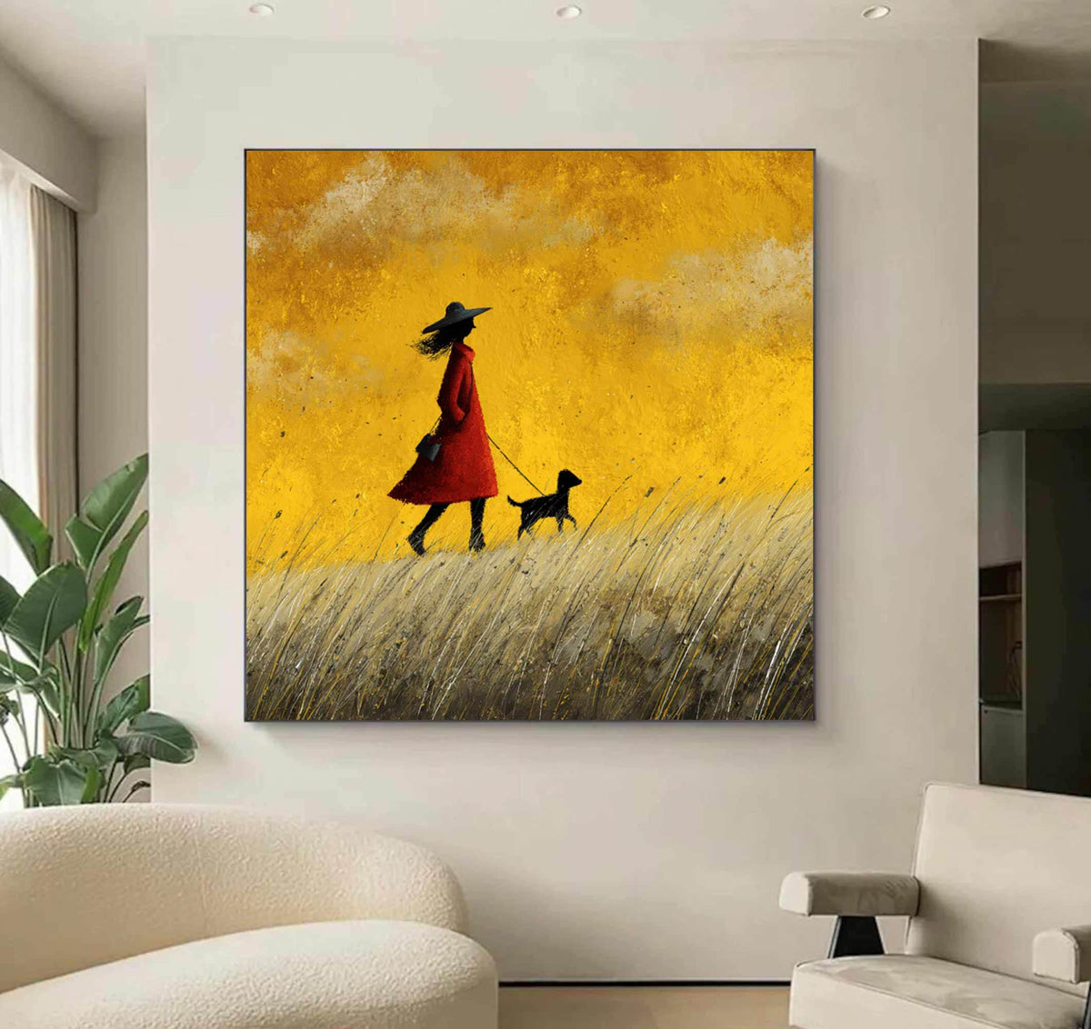Girl and Dog Oil Painting, Teal Sky Meadow Landscape, Impressionist Art