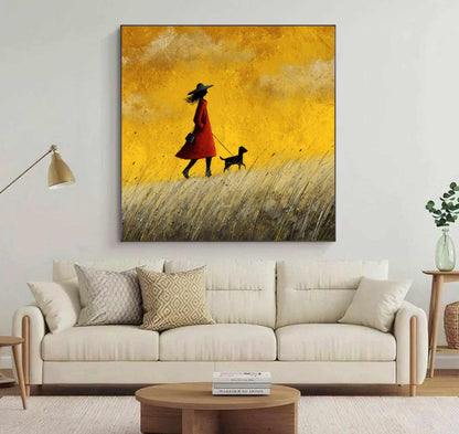Girl and Dog Oil Painting, Teal Sky Meadow Landscape, Impressionist Art