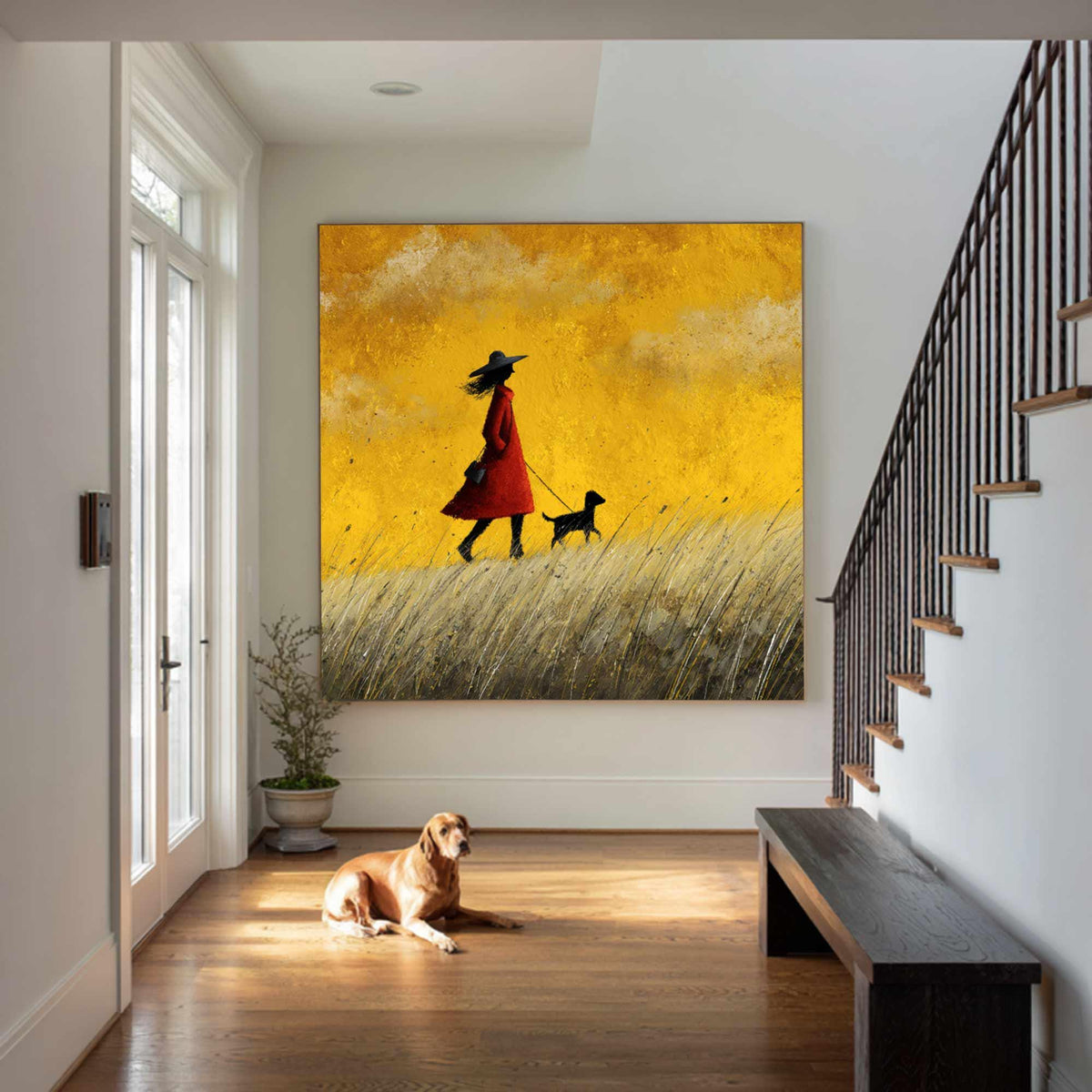 Girl and Dog Oil Painting, Teal Sky Meadow Landscape, Impressionist Art