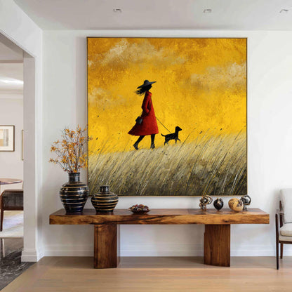 Girl and Dog Oil Painting, Teal Sky Meadow Landscape, Impressionist Art