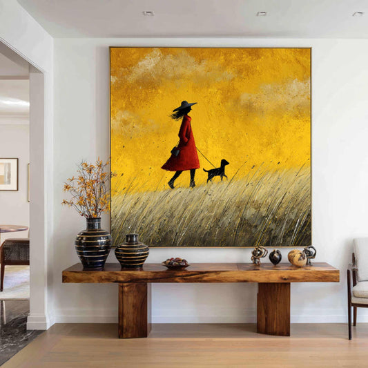 Girl and Dog Oil Painting, Teal Sky Meadow Landscape, Impressionist Art
