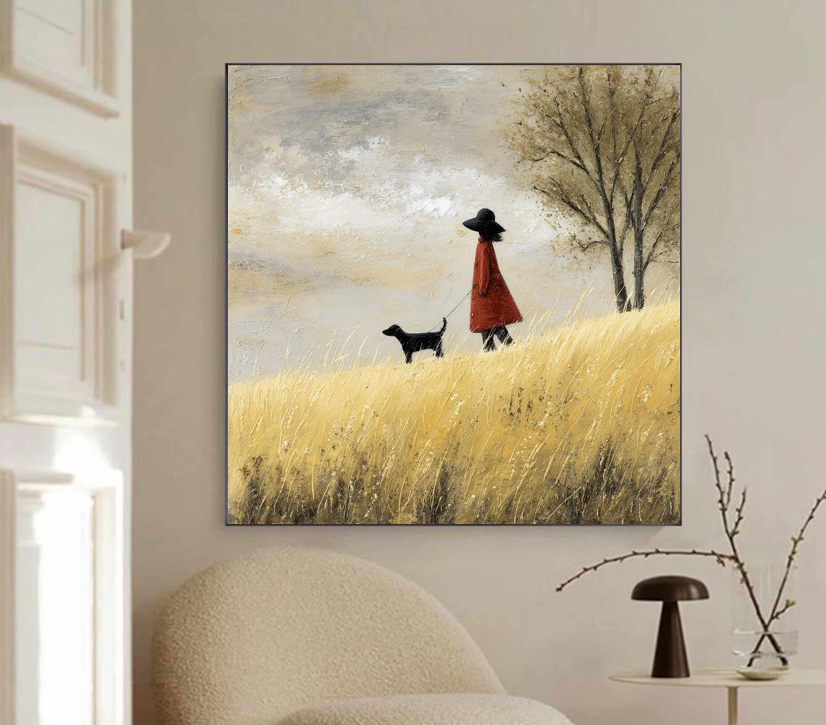 Red Coat Girl and Dog Landscape Painting, Palette Knife Texture, Scandi Wall Art