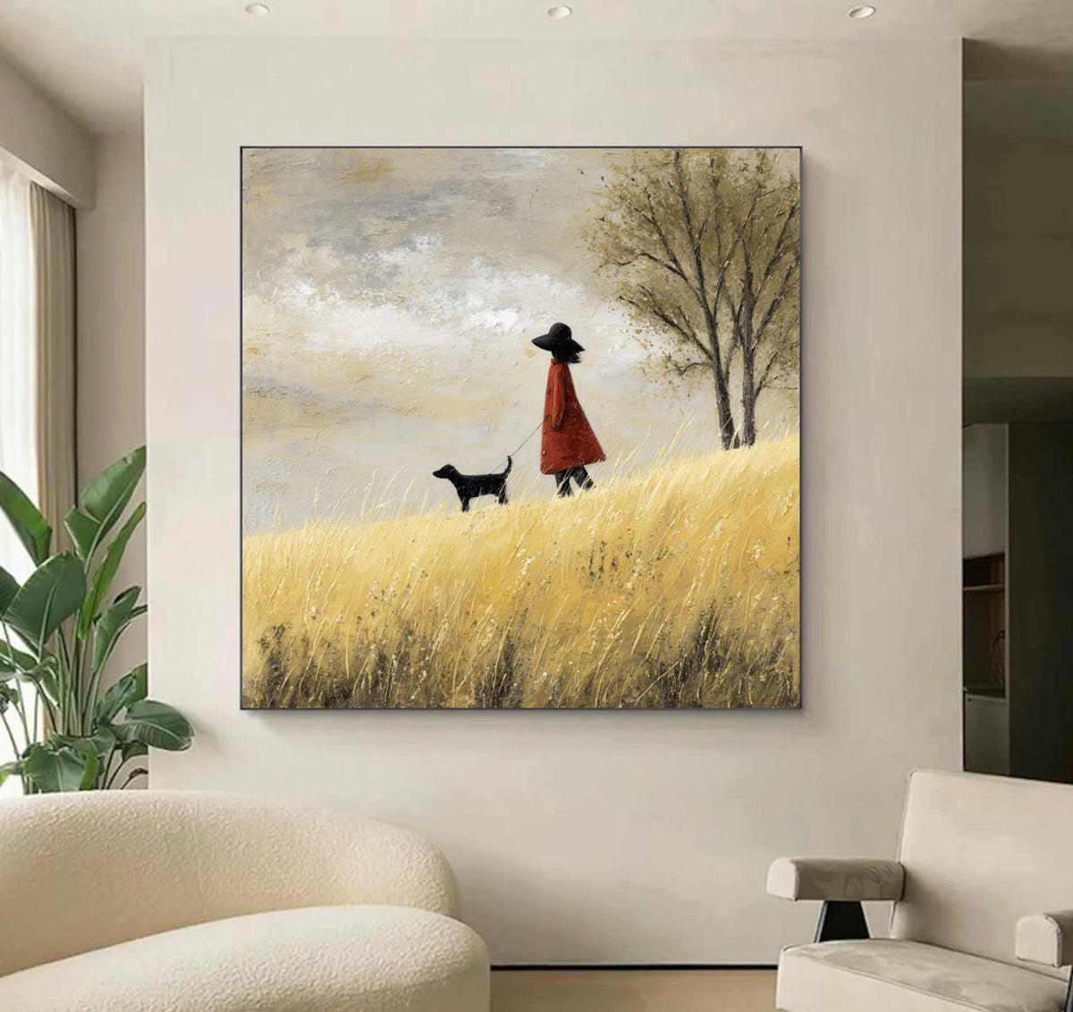 Red Coat Girl and Dog Landscape Painting, Palette Knife Texture, Scandi Wall Art