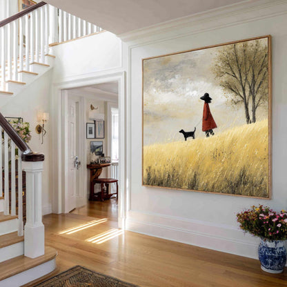 Red Coat Girl and Dog Landscape Painting, Palette Knife Texture, Scandi Wall Art