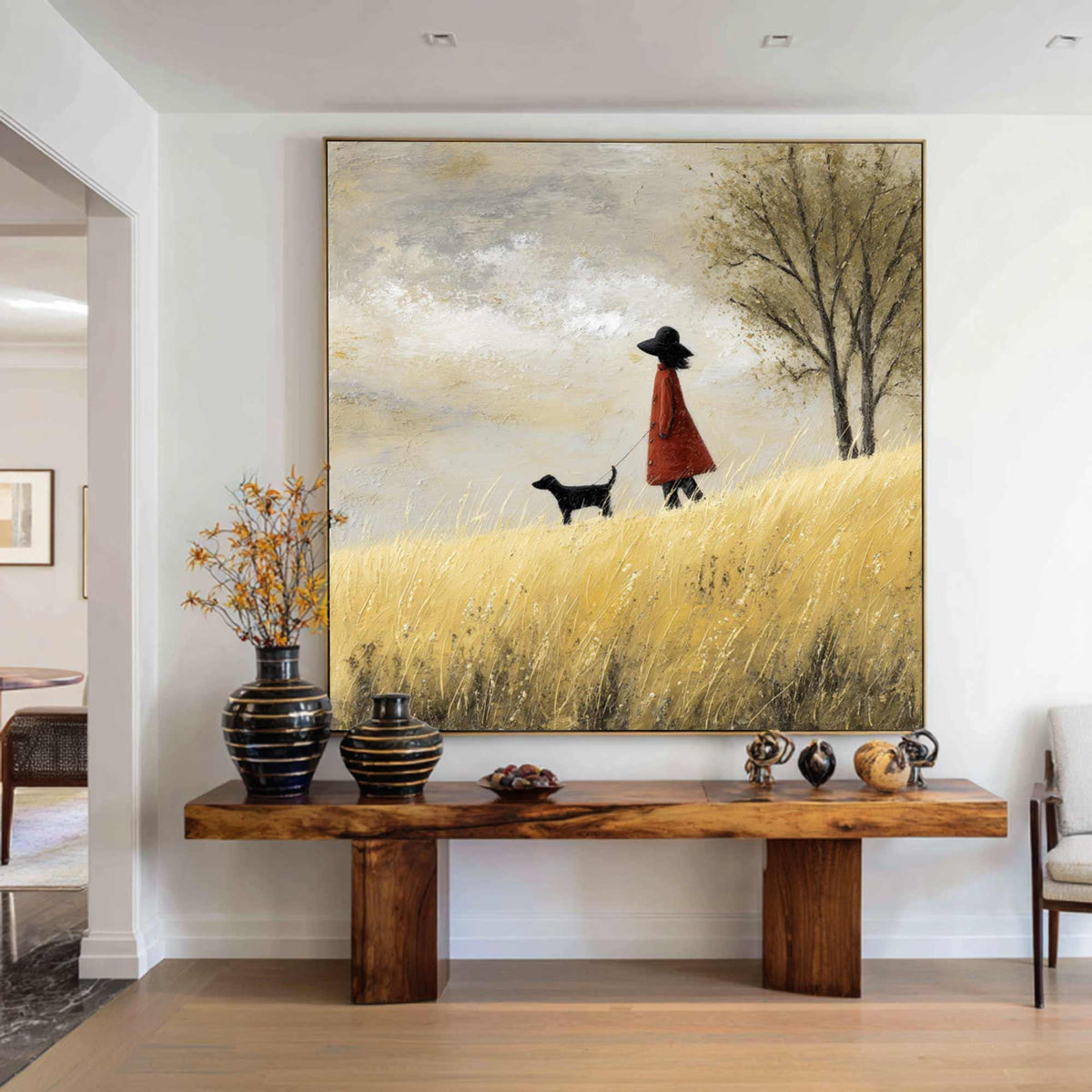 Red Coat Girl and Dog Landscape Painting, Palette Knife Texture, Scandi Wall Art