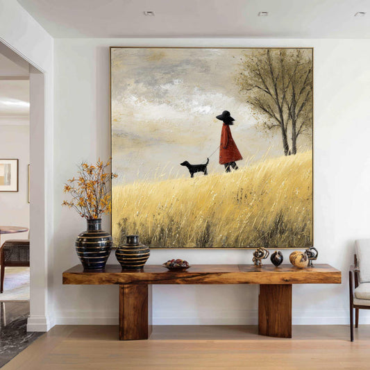 Red Coat Girl and Dog Landscape Painting, Palette Knife Texture, Scandi Wall Art