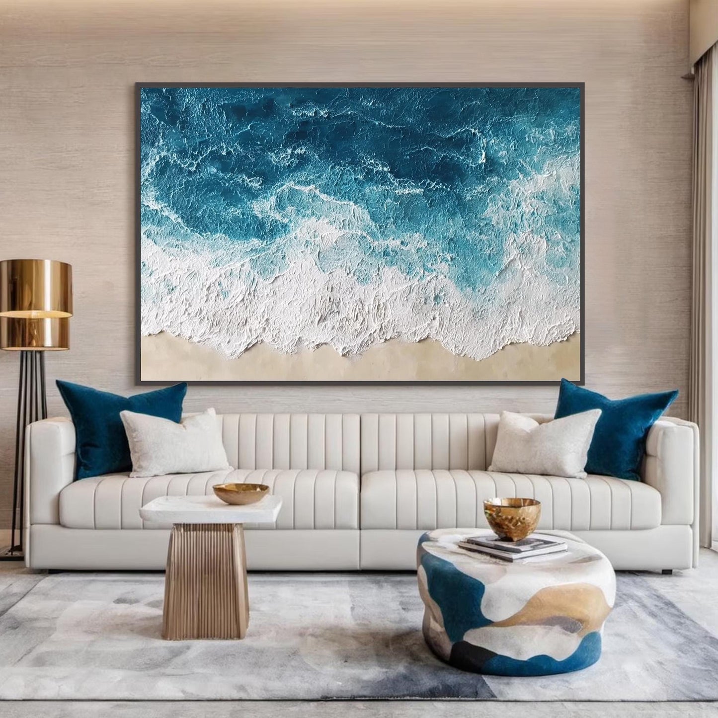 Textured Ocean Wave Oil Painting, Abstract Seascape Beach Wall Decor – Blue Ocean Wave Seascape Wall Art | Abstract Textured 
