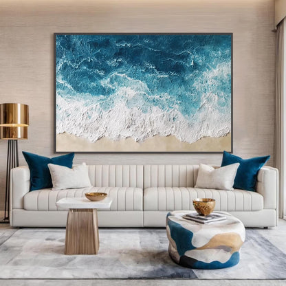 Textured Ocean Wave Oil Painting, Abstract Seascape Beach Wall Decor – Blue Ocean Wave Seascape Wall Art | Abstract Textured 