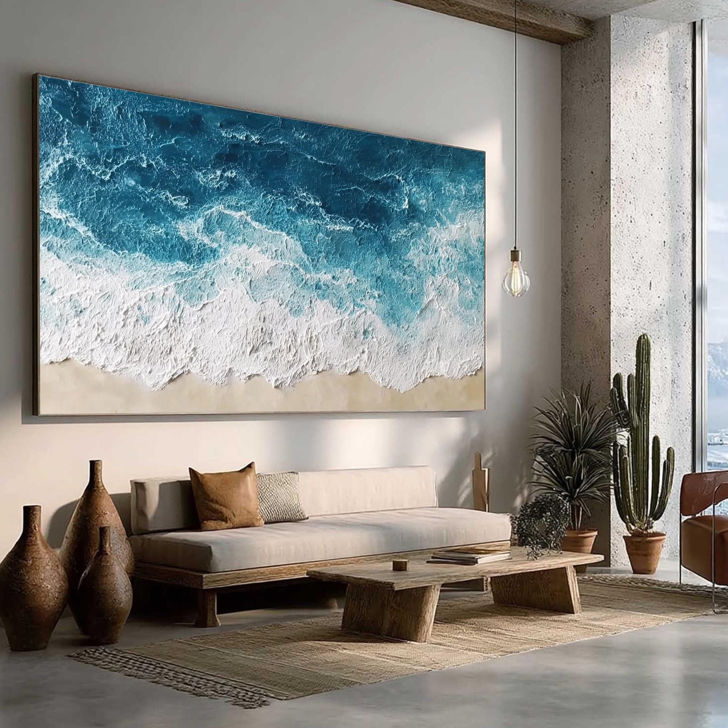 Textured Ocean Wave Oil Painting, Abstract Seascape Beach Wall Decor – Blue Ocean Wave Seascape Wall Art | Abstract Textured 