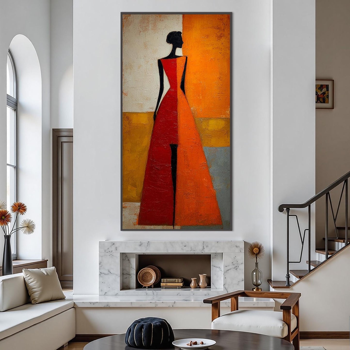 Elegant Woman Red Orange Dress Abstract Oil Painting – Textured Figure Portrait Wall Art