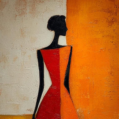 Abstract Oil Painting, Elegant Woman Red Orange Dress, Textured Wall Art Decor – Orange and Red Figurative Figure Portrait Wa