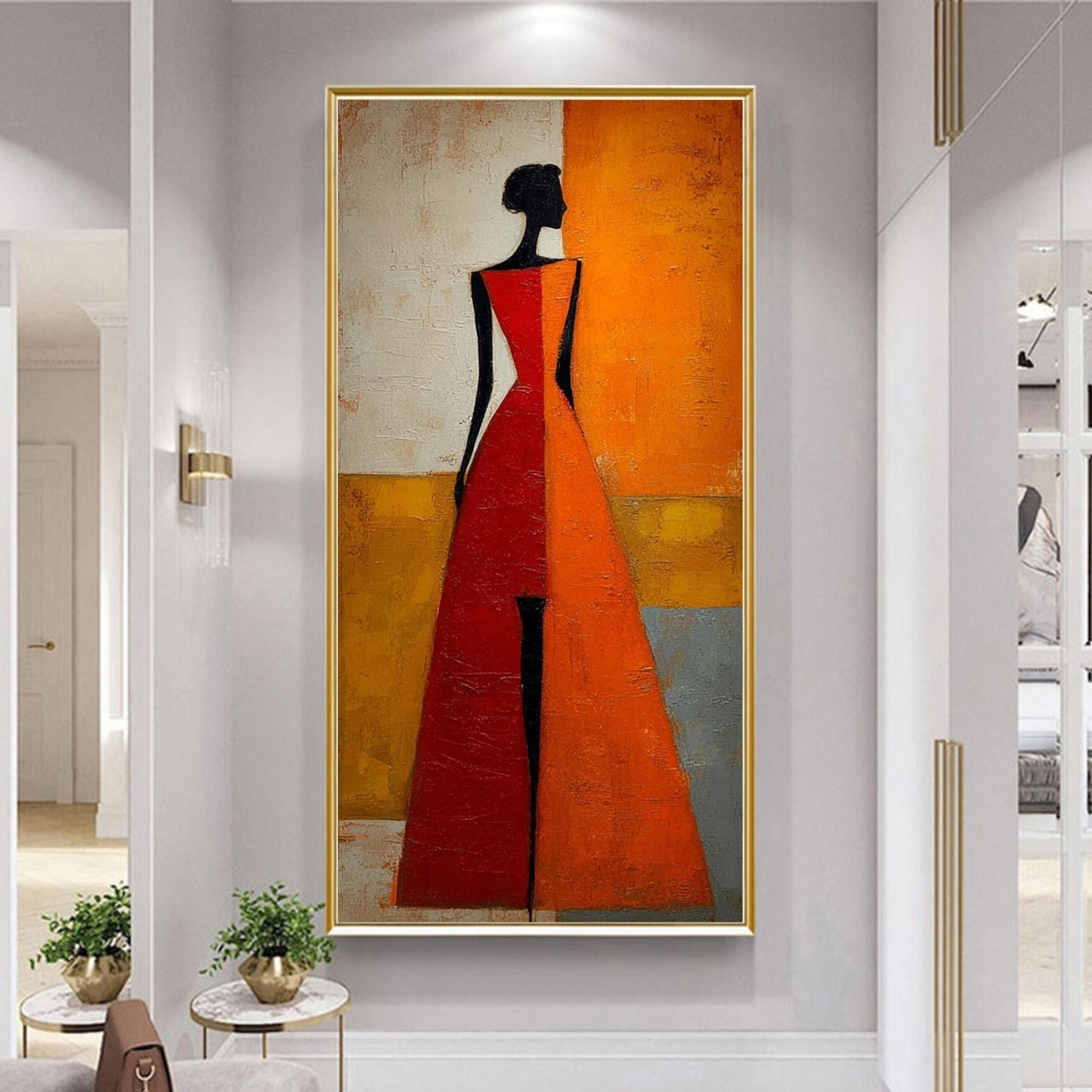 Abstract Oil Painting, Elegant Woman Red Orange Dress, Textured Wall Art Decor – Orange and Red Figurative Figure Portrait Wa