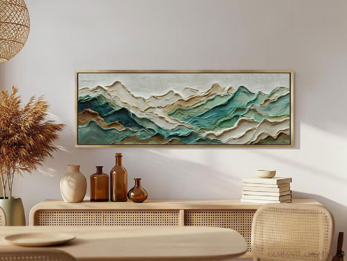 Teal Mountain Ridge Impasto Painting, Large Textured Landscape Art