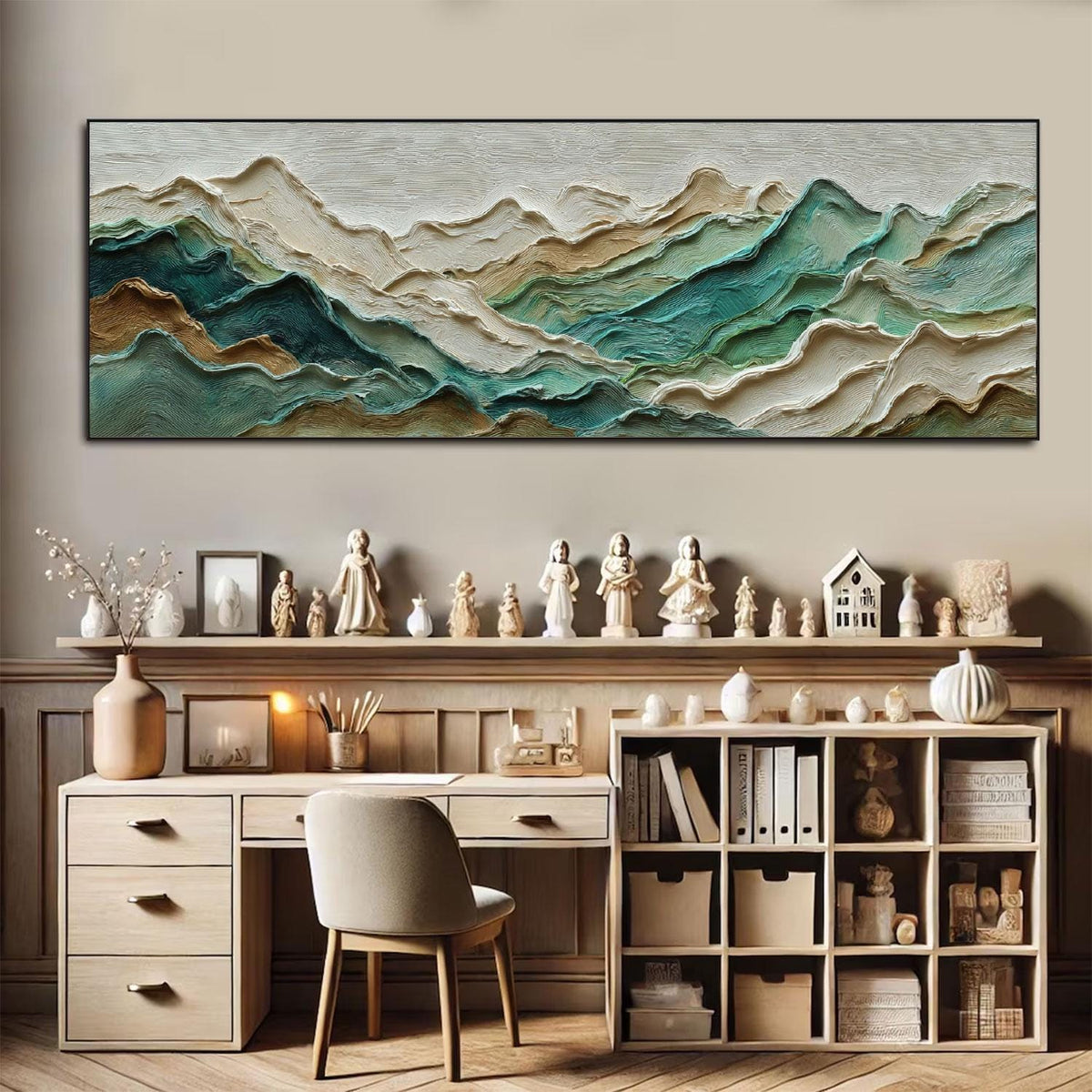 Teal Mountain Ridge Impasto Painting, Large Textured Landscape Art