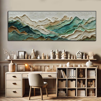 Teal Mountain Ridge Impasto Painting, Large Textured Landscape Art
