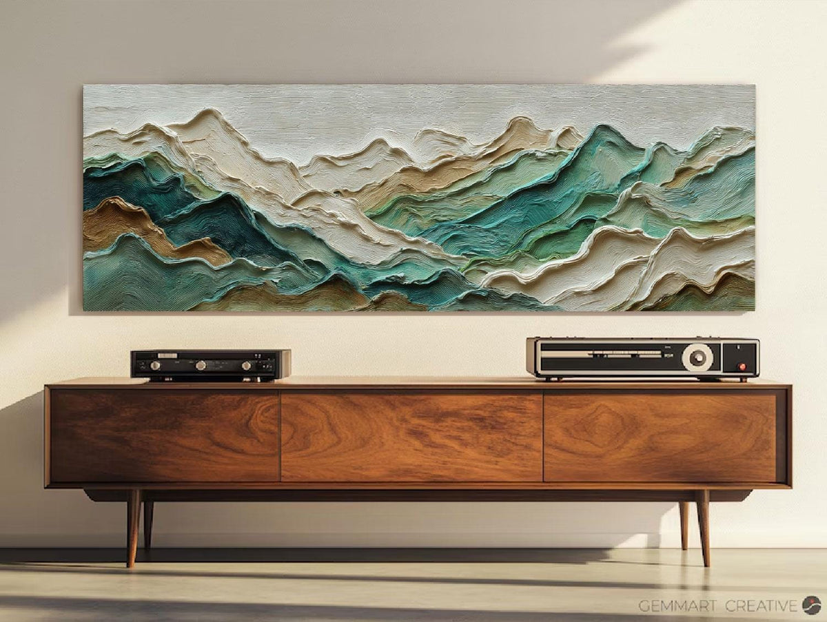 Teal Mountain Ridge Impasto Painting, Large Textured Landscape Art