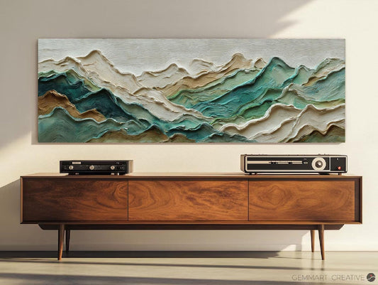 Teal Mountain Ridge Impasto Painting, Large Textured Landscape Art