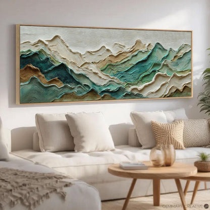 Teal Mountain Ridge Impasto Painting, Large Textured Landscape Art