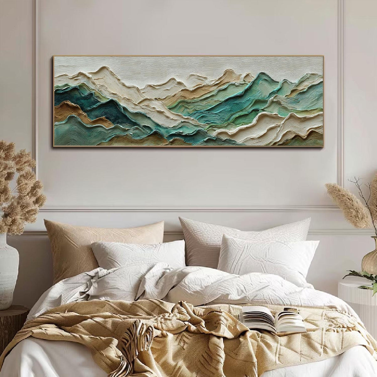 Teal Mountain Ridge Impasto Painting, Large Textured Landscape Art