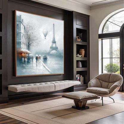 Paris Rainy Street – Grey and White Cityscape City Architecture Wall Art | Oil Painting, view 2