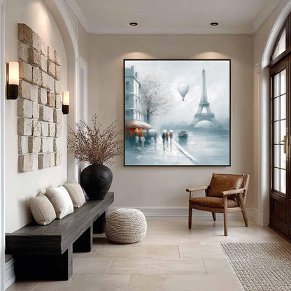 Paris Rainy Street – Grey and White Cityscape City Architecture Wall Art | Oil Painting, view 1