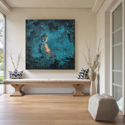 Textured Buddha Oil Painting, Deep Blue Abstract Spiritual Art – Blue Abstract Wall Art | Textured Oil Painting, view 1
