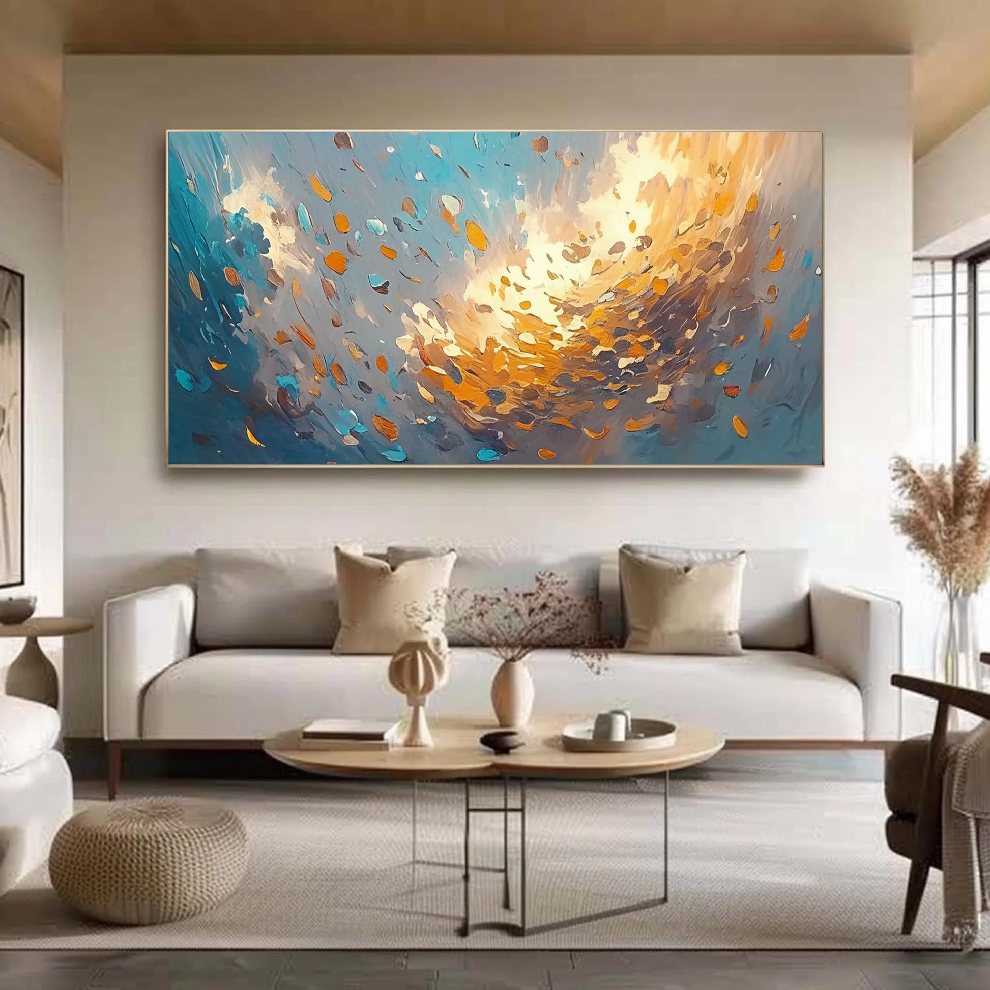 Abstract Leaves Oil Painting, Textured Impasto Art, Large Canvas Wall Decor – Blue and Orange Botanical Leaf Wall Art | Abstr
