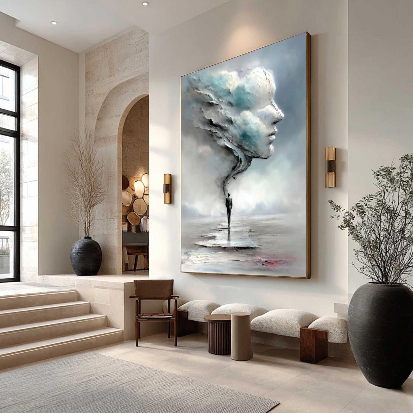 Surreal Man in Cloud Face Painting, Moody Dreamscape Art – Blue and Grey Couple Figure Portrait Wall Art | Textured Painting,