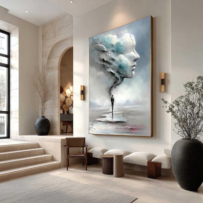 Surreal Man in Cloud Face Painting, Moody Dreamscape Art – Blue and Grey Couple Figure Portrait Wall Art | Textured Painting,