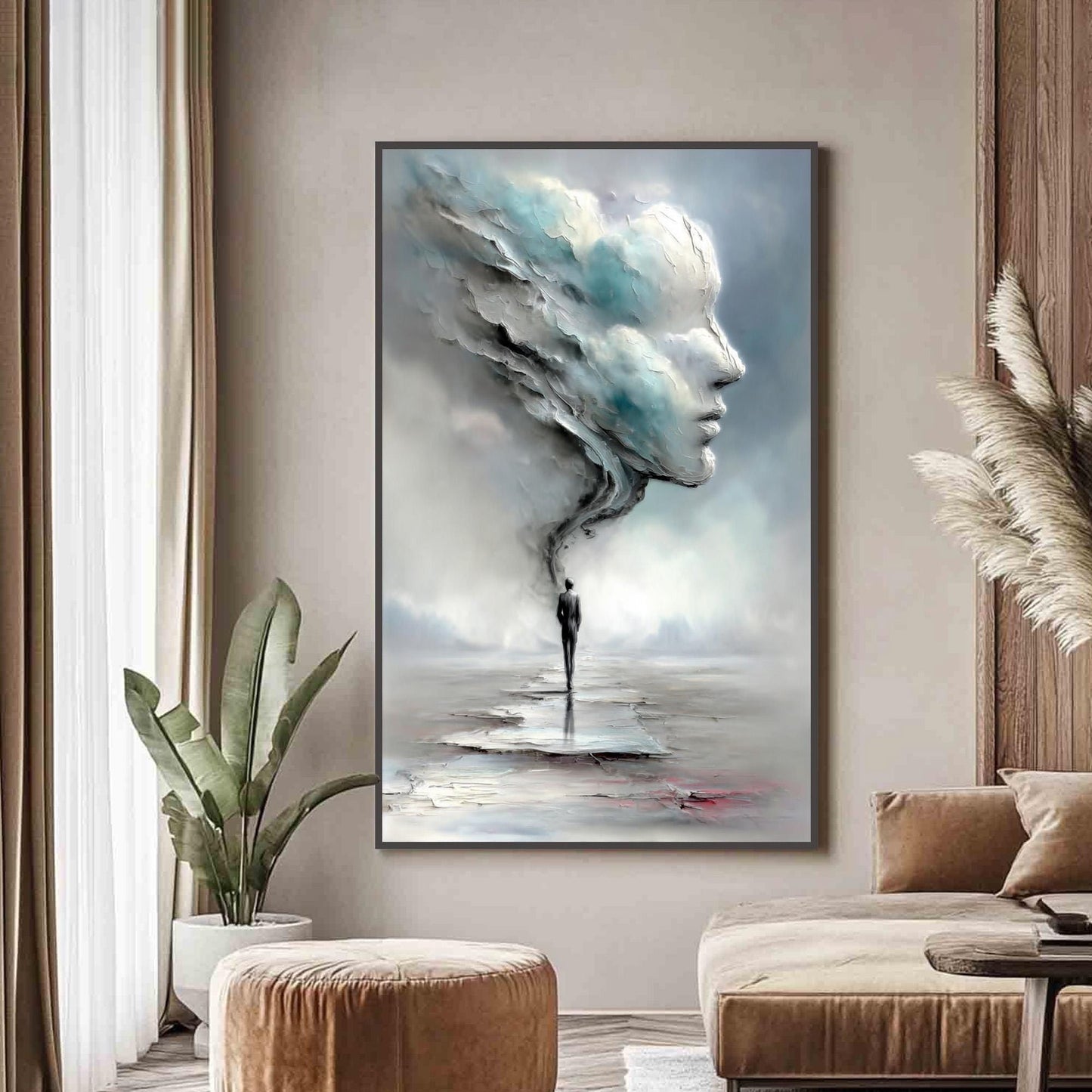 Surreal Man in Cloud Face Textured Figure Portrait Wall Art