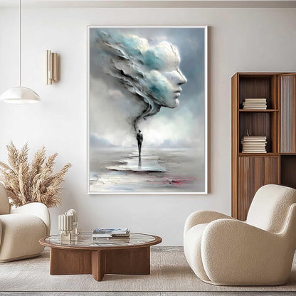 Surreal Man in Cloud Face Painting, Moody Dreamscape Art – Blue and Grey Couple Figure Portrait Wall Art | Textured Painting,