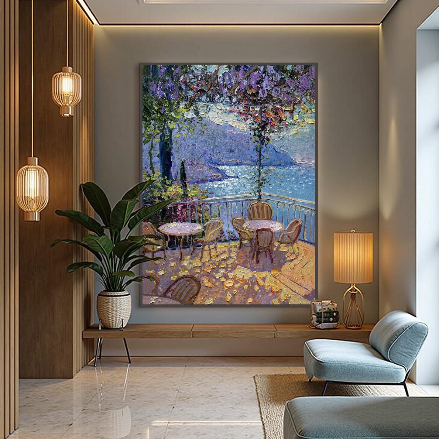 Wisteria Balcony – Green and Gold Wisteria Floral Wall Art | Oil Painting, view 1