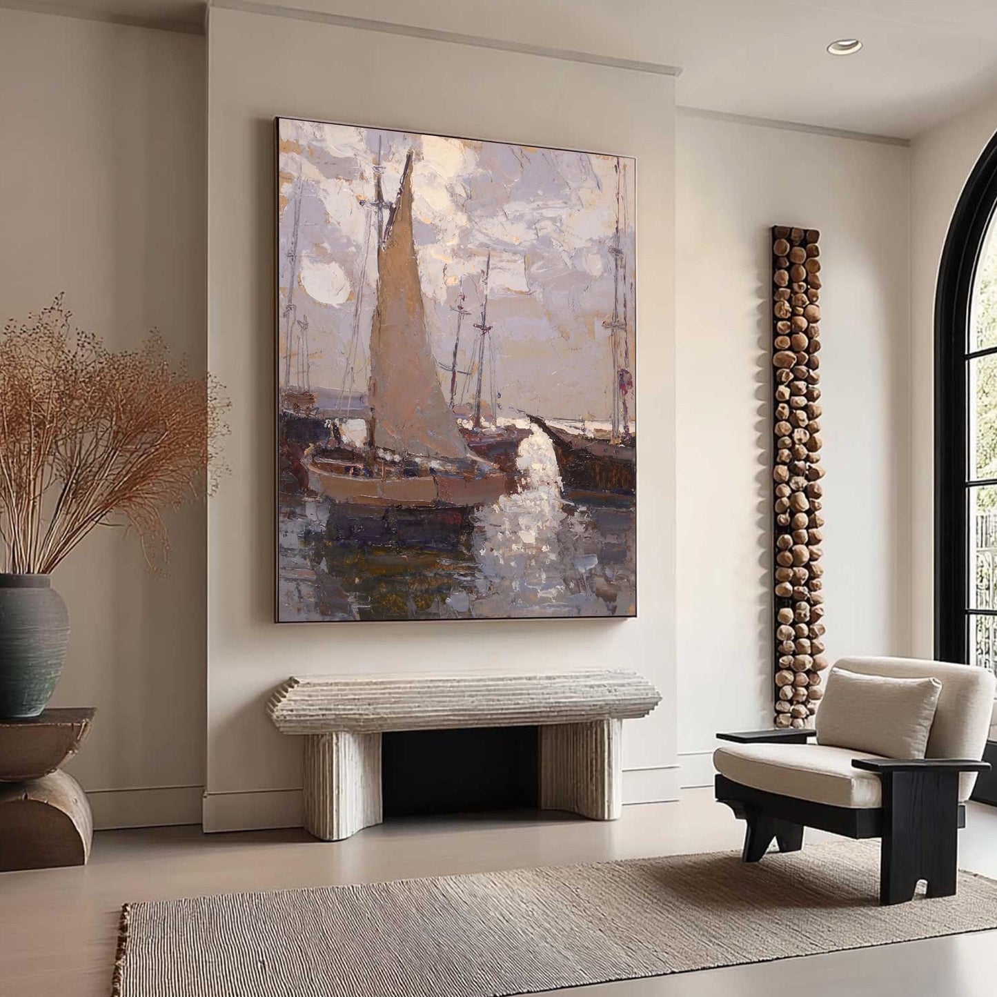 Impressionist Sailboats – Grey and Brown Sailboat 3D Texture Wall Art | Textured Oil Painting, view 2