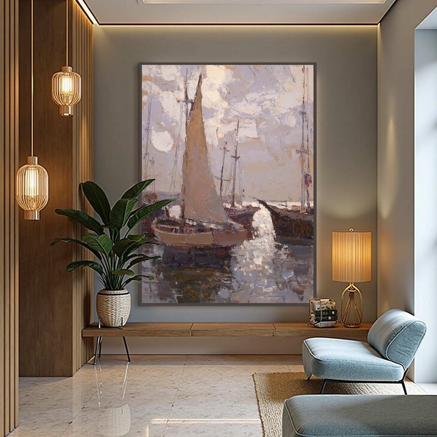 Grey and Brown Impressionist Textured Sailboat 3D Texture Wall Art