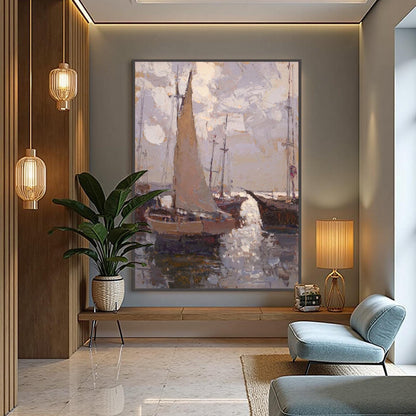Grey and Brown Impressionist Textured Sailboat 3D Texture Wall Art