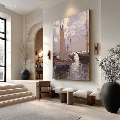 Impressionist Sailboats – Grey and Brown Sailboat 3D Texture Wall Art | Textured Oil Painting, view 3