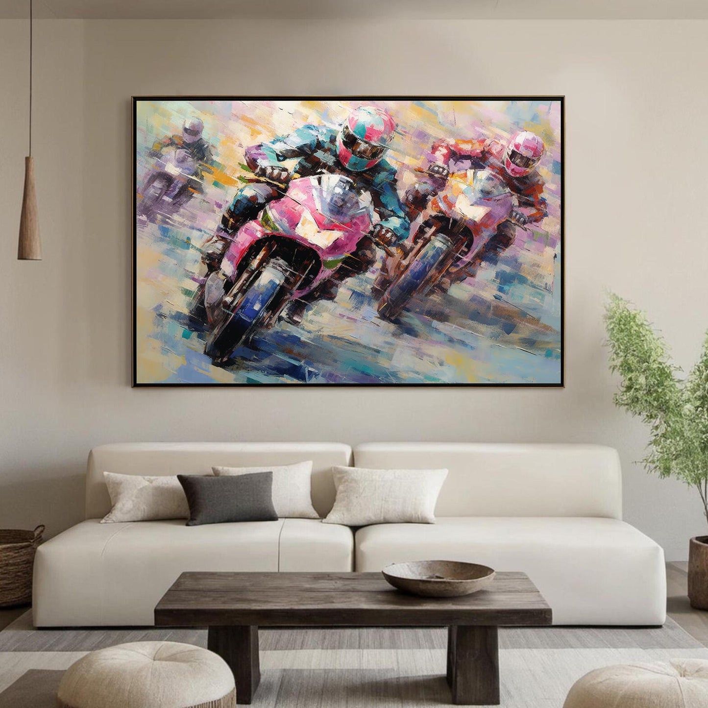 Colorful Abstract Motorcycle Oil Painting – Dynamic Motorcycle