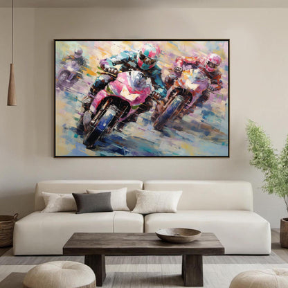 Colorful Abstract Motorcycle Oil Painting – Dynamic Motorcycle