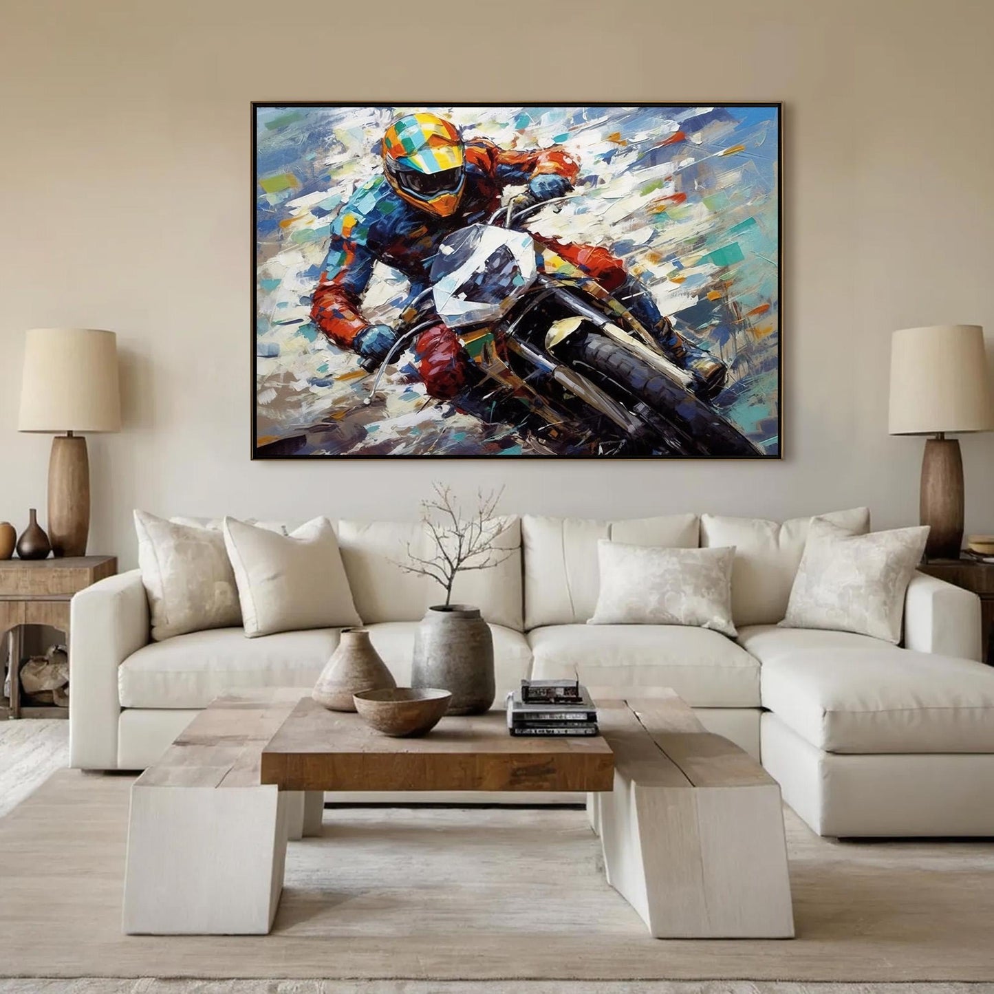Dynamic Motorcycle Racing Oil Painting – Vibrant Motorcycle