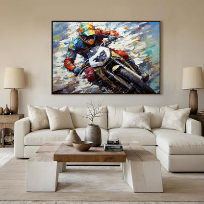 Dynamic Motorcycle Racing Oil Painting – Vibrant Motorcycle