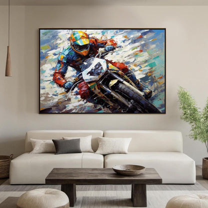 Dynamic Motorcycle Racing Oil Painting – Vibrant Motorcycle