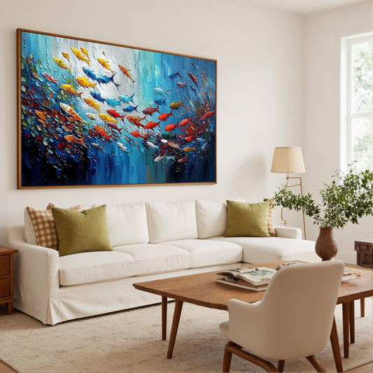 Vibrant Tropical Fish – Blue Underwater Ocean Wall Art | Textured Hand-Painted Oil Painting, view 2
