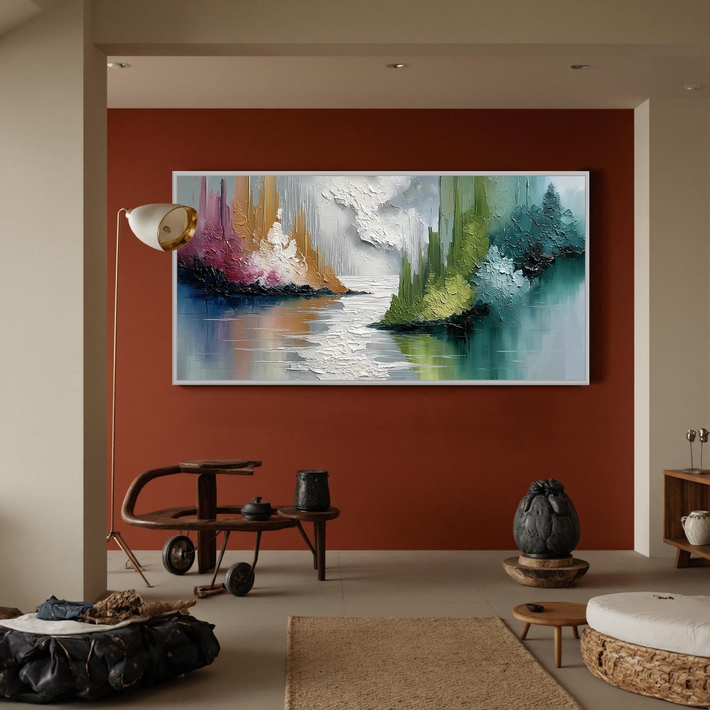 Colorful Abstract Impasto Lake Landscape Wall Art