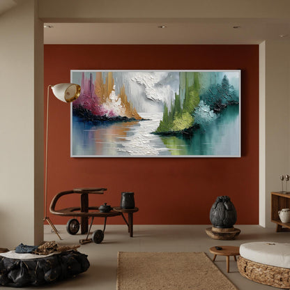 Colorful Abstract Impasto Lake Landscape Wall Art