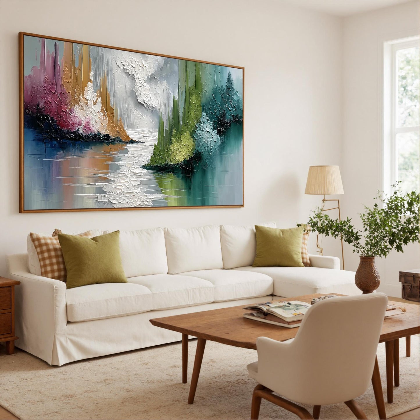 Impasto Mountain Lake Painting, Reflective Water, Calming Landscape Art – Colorful Lake Landscape Wall Art | Abstract Impasto
