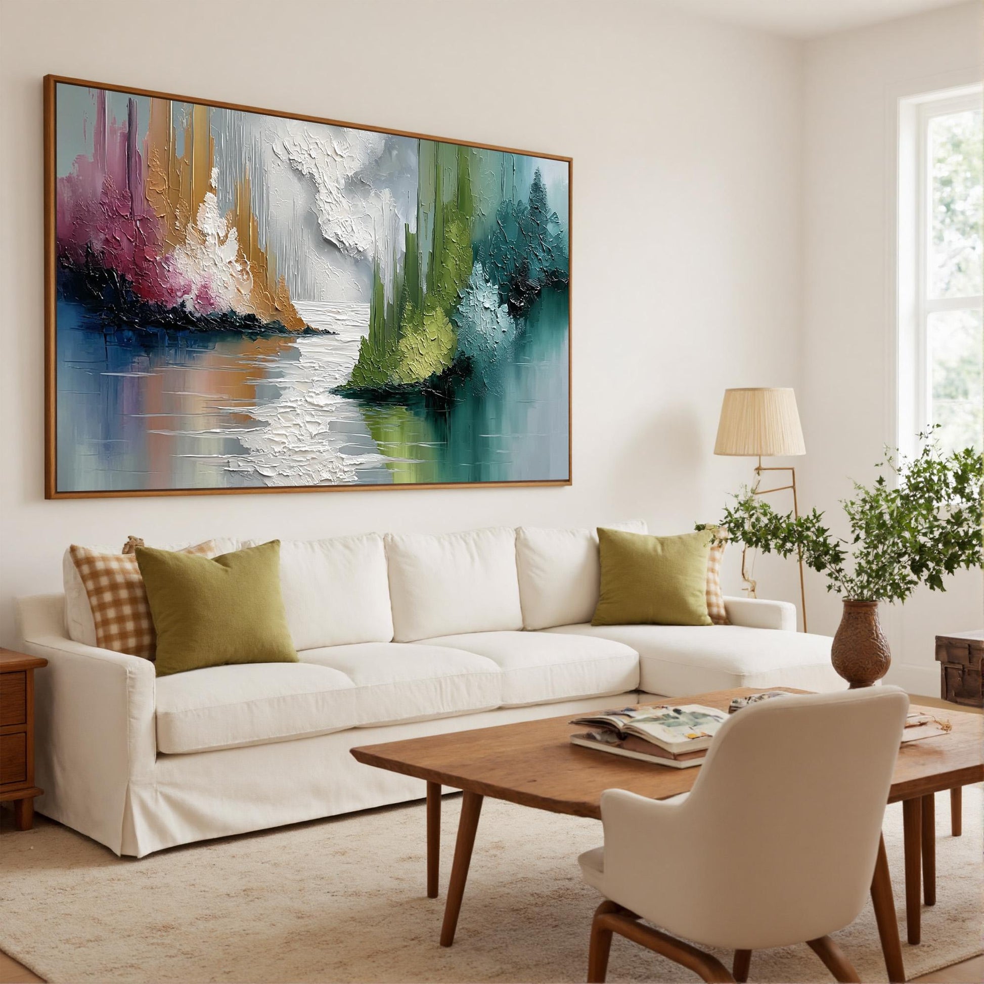 Impasto Mountain Lake Painting, Reflective Water, Calming Landscape Art – Colorful Lake Landscape Wall Art | Abstract Impasto