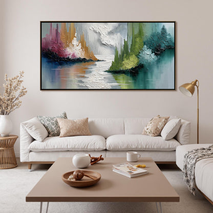 Impasto Mountain Lake Painting, Reflective Water, Calming Landscape Art – Colorful Lake Landscape Wall Art | Abstract Impasto