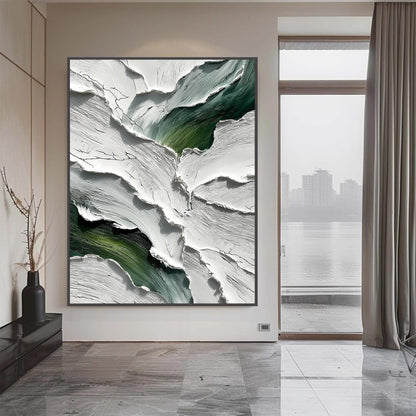 Green and White Impasto Abstract Minimalist Wall Art